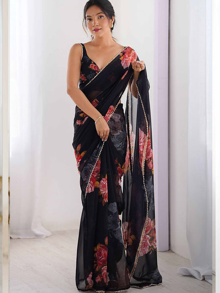 Black Georgette Silk Printed Moti Work Border Designer Saree