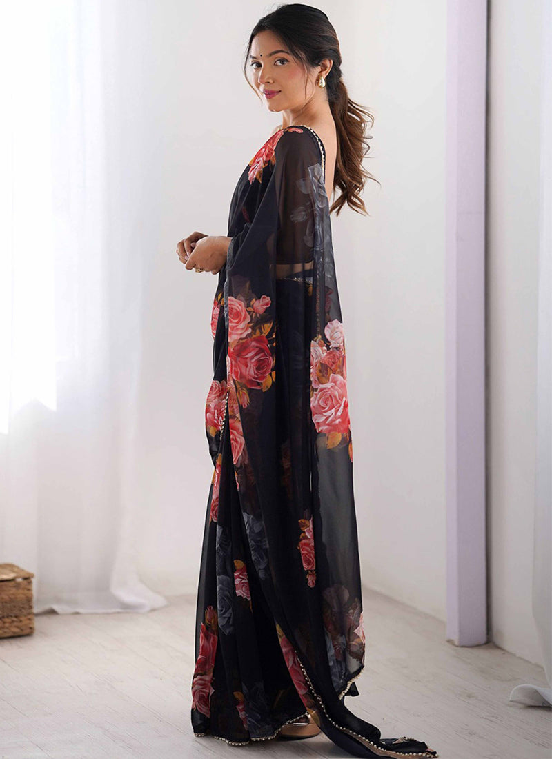 Black Georgette Silk Printed Moti Work Border Designer Saree