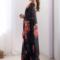 Black Georgette Silk Printed Moti Work Border Designer Saree