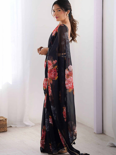 Black Georgette Silk Printed Moti Work Border Designer Saree