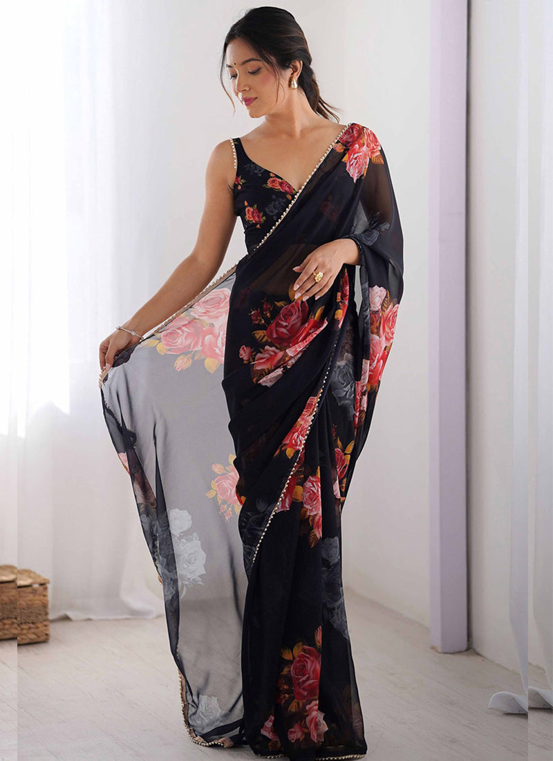 Black Georgette Silk Printed Moti Work Border Designer Saree