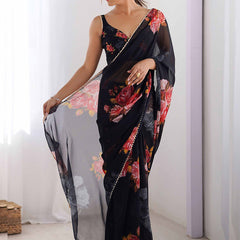 Black Georgette Silk Printed Moti Work Border Designer Saree