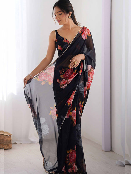 Black Georgette Silk Printed Moti Work Border Designer Saree