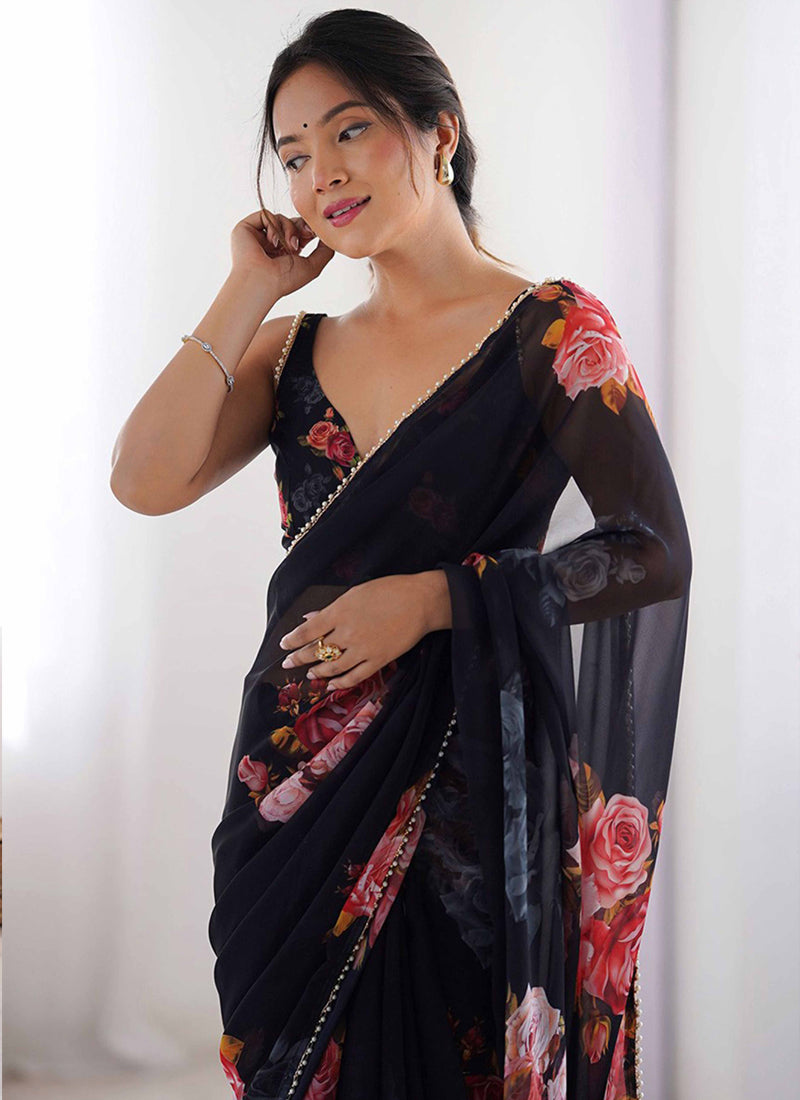 Black Georgette Silk Printed Moti Work Border Designer Saree