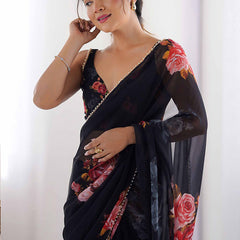 Black Georgette Silk Printed Moti Work Border Designer Saree