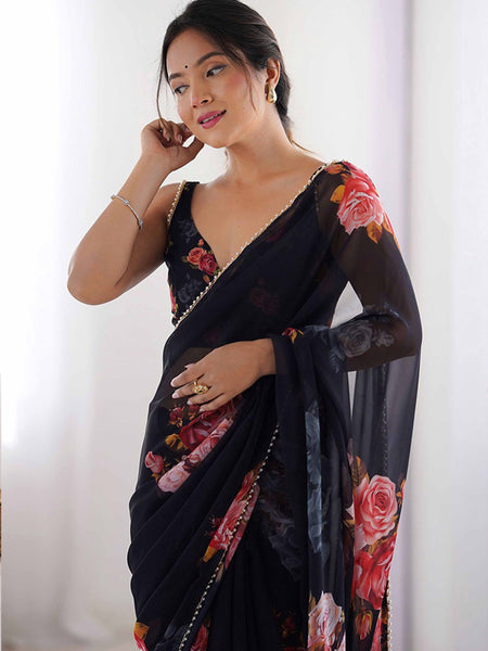 Black Georgette Silk Printed Moti Work Border Designer Saree