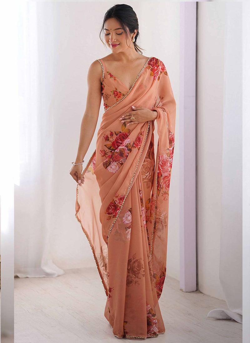 Peach Georgette Silk Printed Moti Work Border Designer Saree