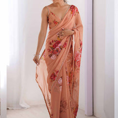 Peach Georgette Silk Printed Moti Work Border Designer Saree
