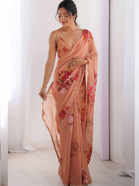Peach Georgette Silk Printed Moti Work Border Designer Saree