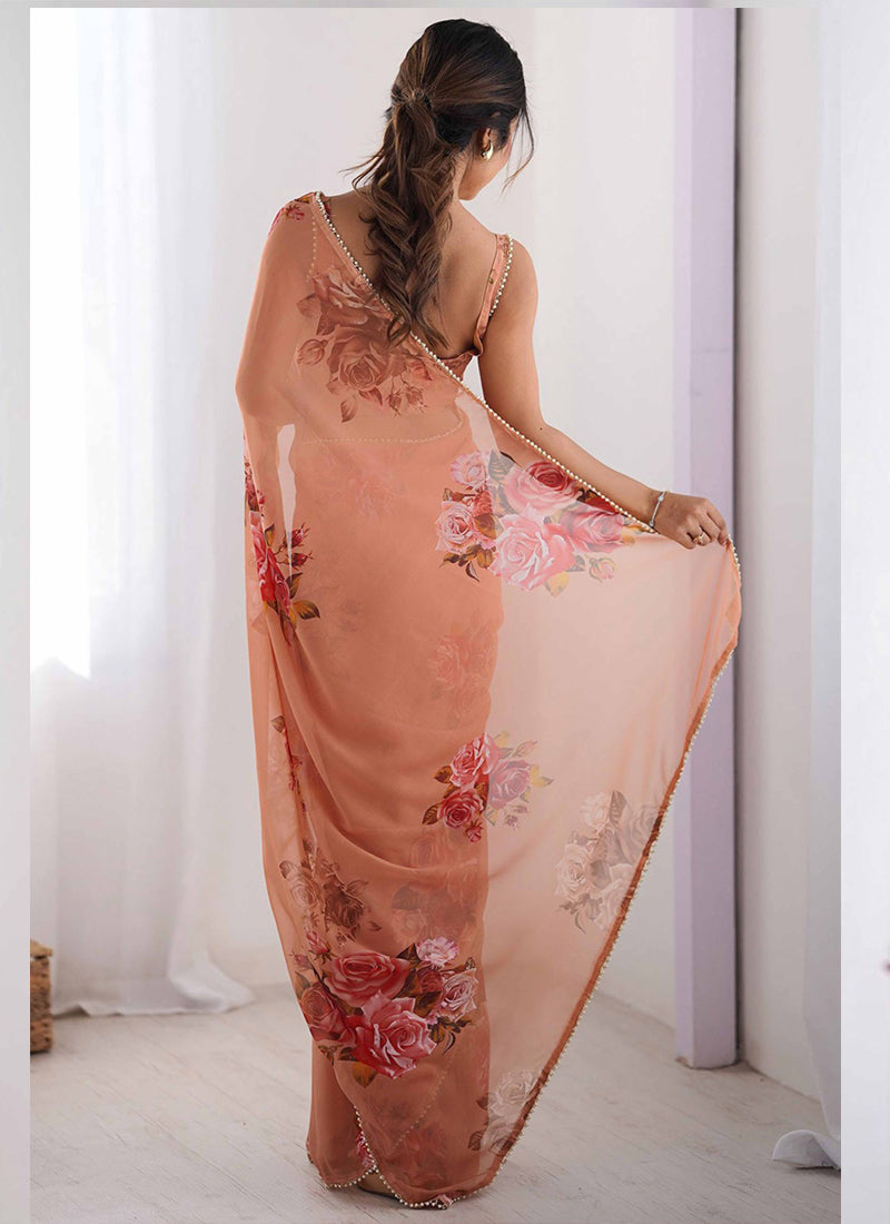 Peach Georgette Silk Printed Moti Work Border Designer Saree