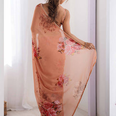Peach Georgette Silk Printed Moti Work Border Designer Saree