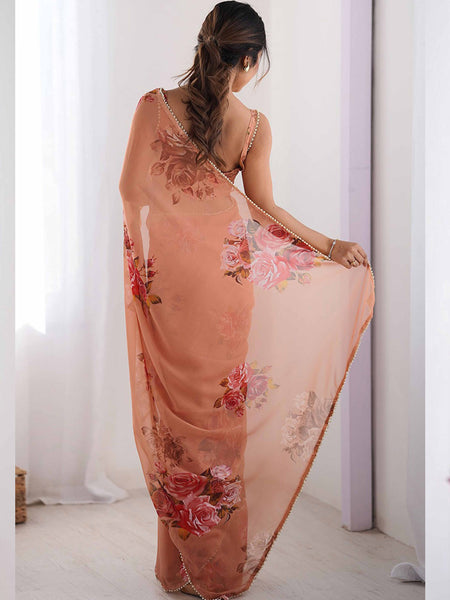 Peach Georgette Silk Printed Moti Work Border Designer Saree