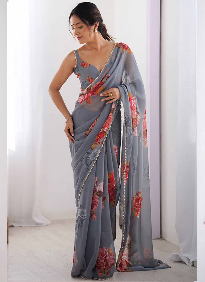 Grey Georgette Silk Printed Moti Work Border Designer Saree