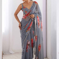 Grey Georgette Silk Printed Moti Work Border Designer Saree