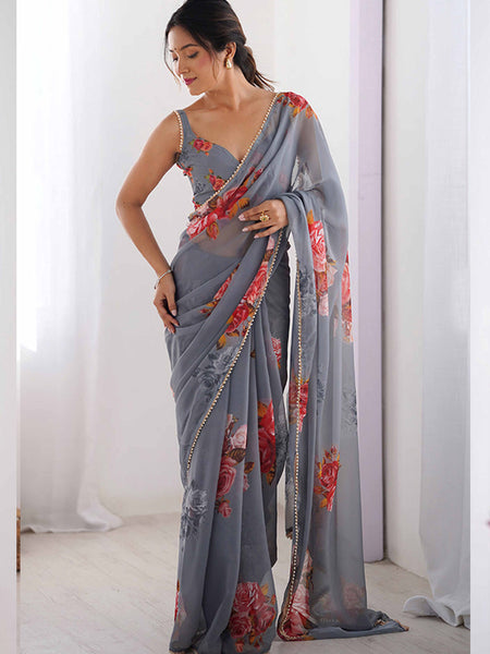 Grey Georgette Silk Printed Moti Work Border Designer Saree