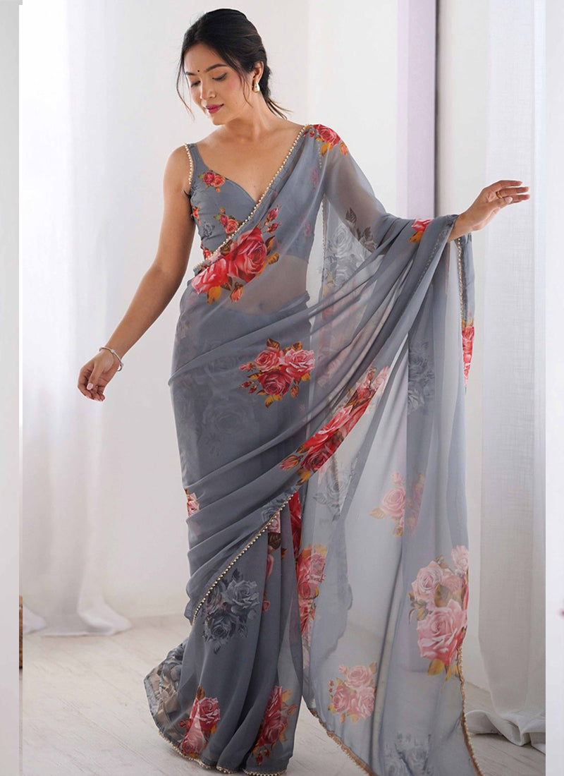 Grey Georgette Silk Printed Moti Work Border Designer Saree