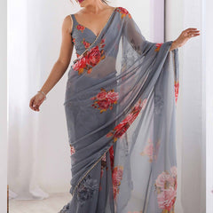 Grey Georgette Silk Printed Moti Work Border Designer Saree