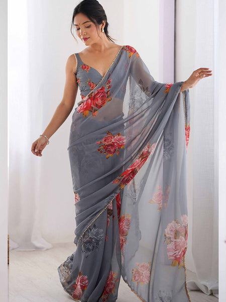 Grey Georgette Silk Printed Moti Work Border Designer Saree