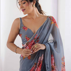 Grey Georgette Silk Printed Moti Work Border Designer Saree