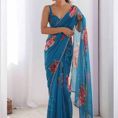 Sky Blue Georgette Silk Printed Moti Work Border Designer Saree
