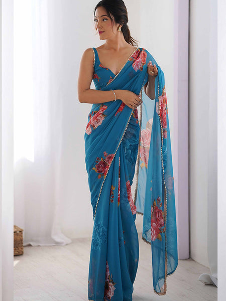 Sky Blue Georgette Silk Printed Moti Work Border Designer Saree