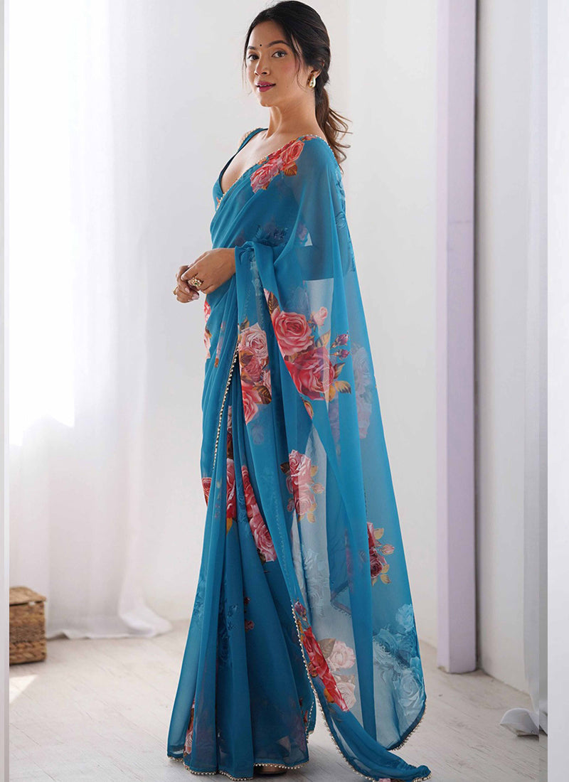 Sky Blue Georgette Silk Printed Moti Work Border Designer Saree