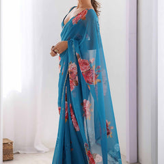 Sky Blue Georgette Silk Printed Moti Work Border Designer Saree