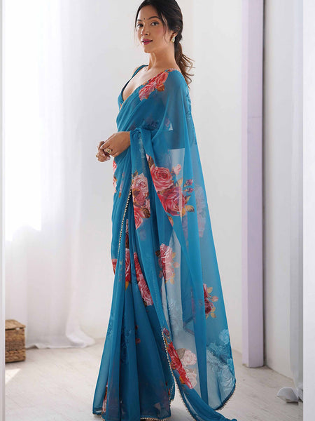 Sky Blue Georgette Silk Printed Moti Work Border Designer Saree