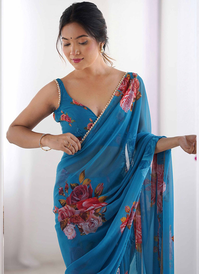 Sky Blue Georgette Silk Printed Moti Work Border Designer Saree