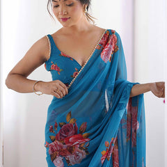 Sky Blue Georgette Silk Printed Moti Work Border Designer Saree