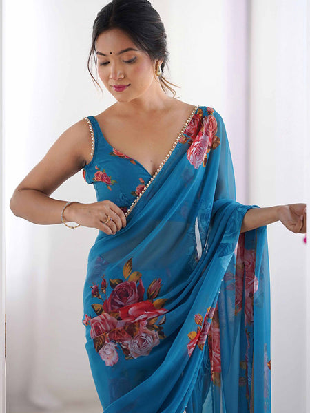 Sky Blue Georgette Silk Printed Moti Work Border Designer Saree