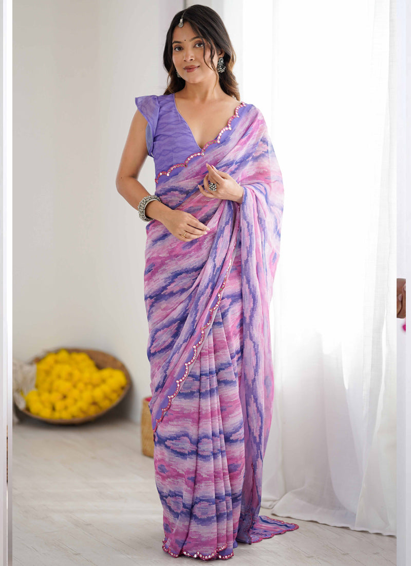 Lavender Georgette Printed Mirror Work Border Designer Saree