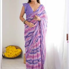 Lavender Georgette Printed Mirror Work Border Designer Saree