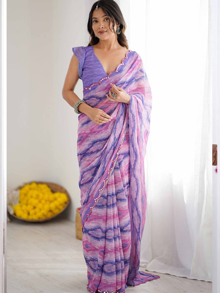 Lavender Georgette Printed Mirror Work Border Designer Saree