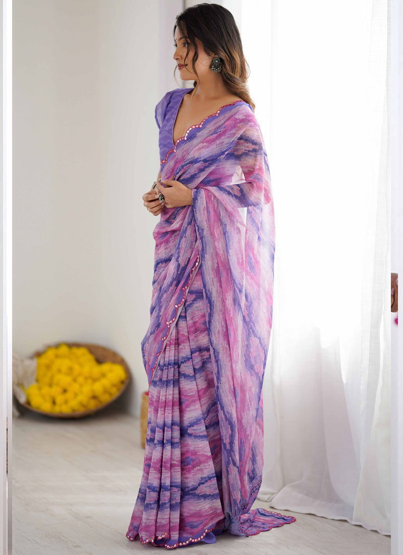 Lavender Georgette Printed Mirror Work Border Designer Saree