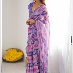 Lavender Georgette Printed Mirror Work Border Designer Saree