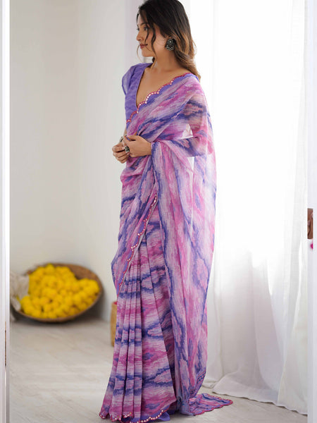 Lavender Georgette Printed Mirror Work Border Designer Saree