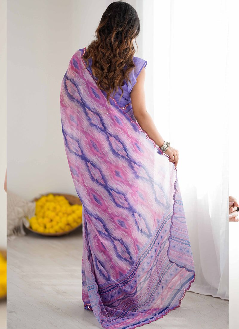 Lavender Georgette Printed Mirror Work Border Designer Saree