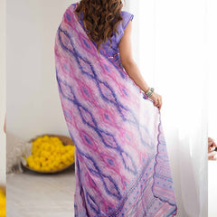 Lavender Georgette Printed Mirror Work Border Designer Saree