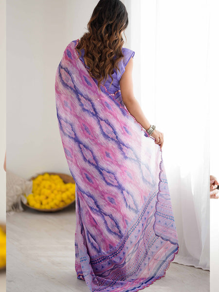 Lavender Georgette Printed Mirror Work Border Designer Saree