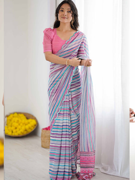 Multi Color Georgette Printed Mirror Work Border Designer Saree