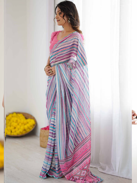 Multi Color Georgette Printed Mirror Work Border Designer Saree
