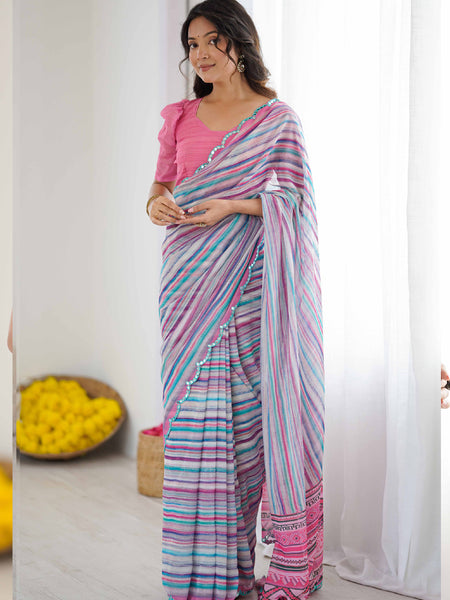 Multi Color Georgette Printed Mirror Work Border Designer Saree