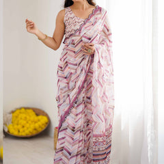 Pink Mauve Georgette Silk Abstract Printed Mirror Work Border Designer Saree