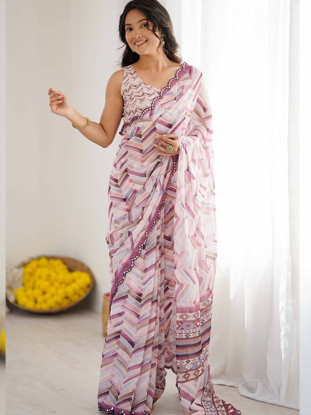 Pink Mauve Georgette Silk Abstract Printed Mirror Work Border Designer Saree