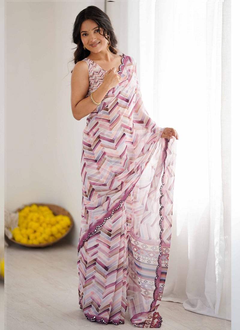 Pink Mauve Georgette Silk Abstract Printed Mirror Work Border Designer Saree