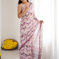Pink Mauve Georgette Silk Abstract Printed Mirror Work Border Designer Saree