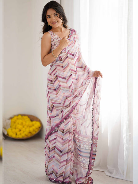 Pink Mauve Georgette Silk Abstract Printed Mirror Work Border Designer Saree