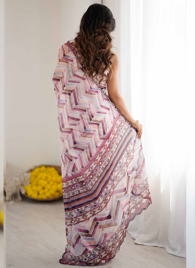 Pink Mauve Georgette Silk Abstract Printed Mirror Work Border Designer Saree
