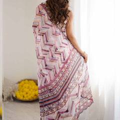 Pink Mauve Georgette Silk Abstract Printed Mirror Work Border Designer Saree